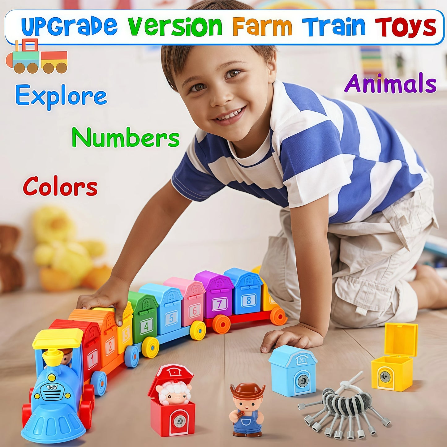 Farm Animals Train Set with Finger Puppets, Color Matching Toy