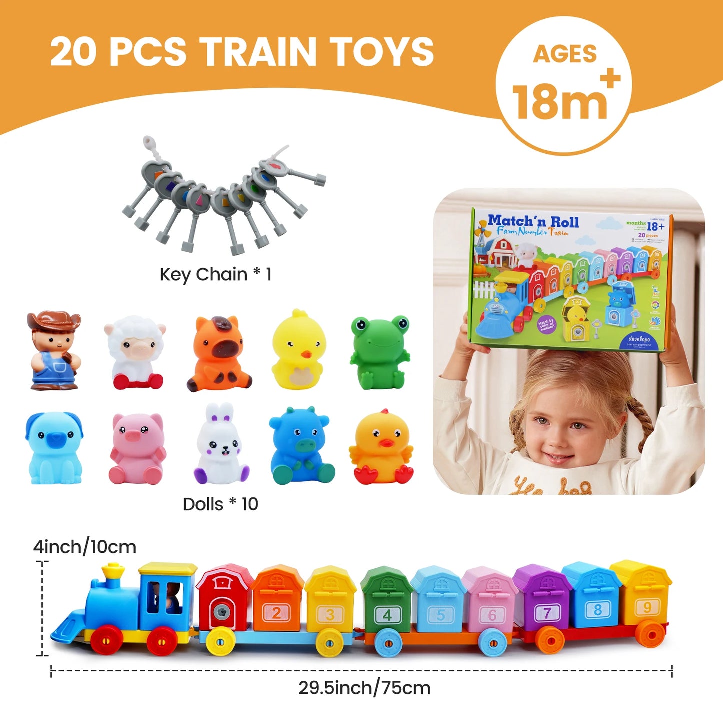 Farm Animals Train Set with Finger Puppets, Color Matching Toy