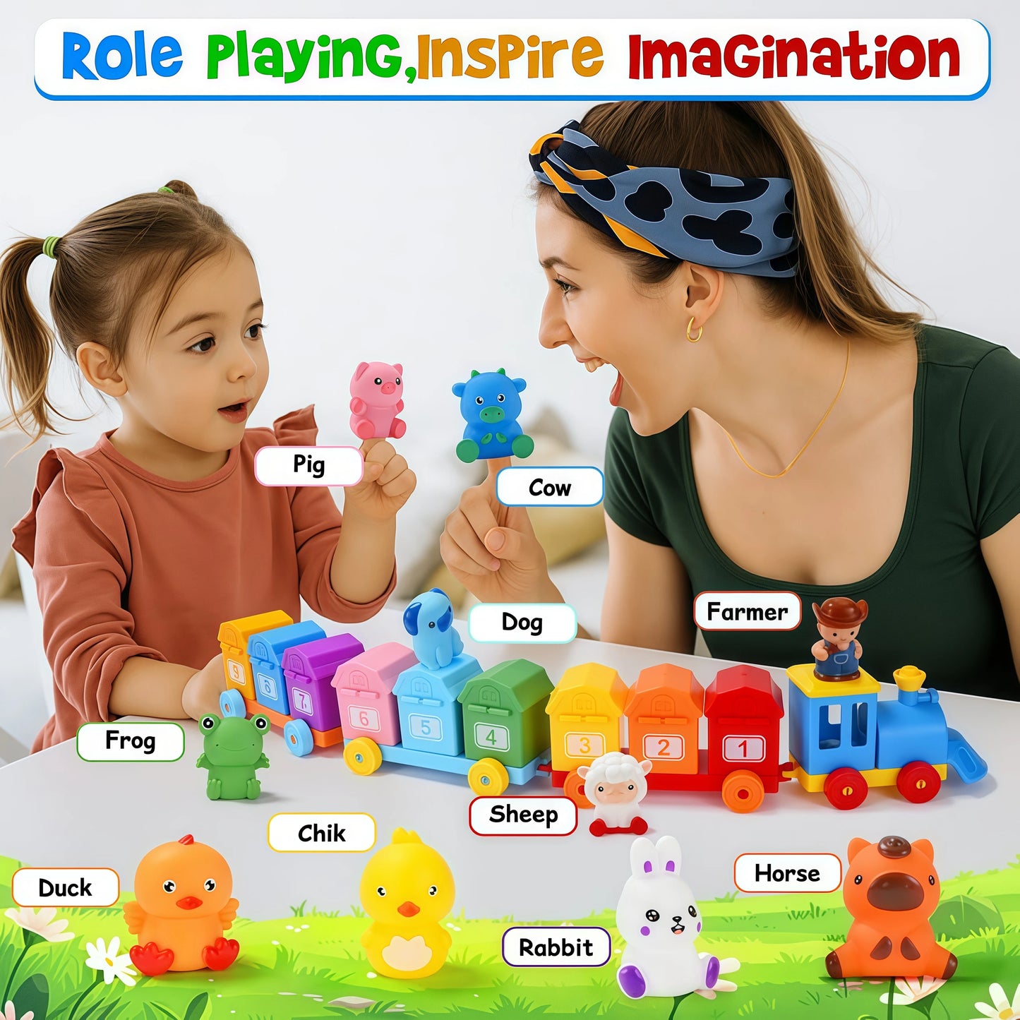 Farm Animals Train Set with Finger Puppets, Color Matching Toy