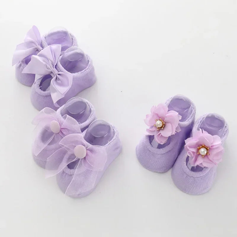 3 Pair Baby Socks With Lace Flower Bow