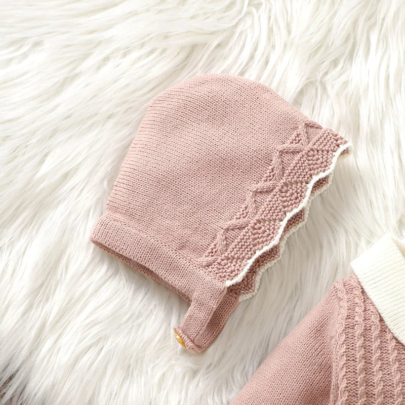Girls Romper And Hat - Long Sleeves Knit Jumpsuit