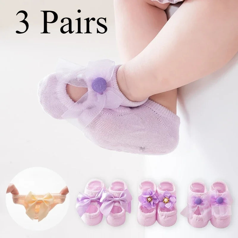 3 Pair Baby Socks With Lace Flower Bow