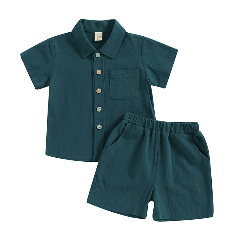 Boy Short Sleeve Button Shirt with Elastic Waist Shorts