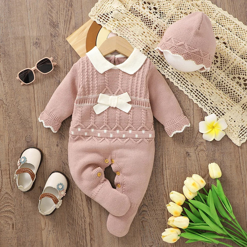 Girls Romper And Hat - Long Sleeves Knit Jumpsuit