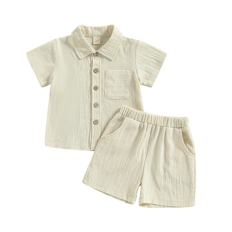 Boy Short Sleeve Button Shirt with Elastic Waist Shorts