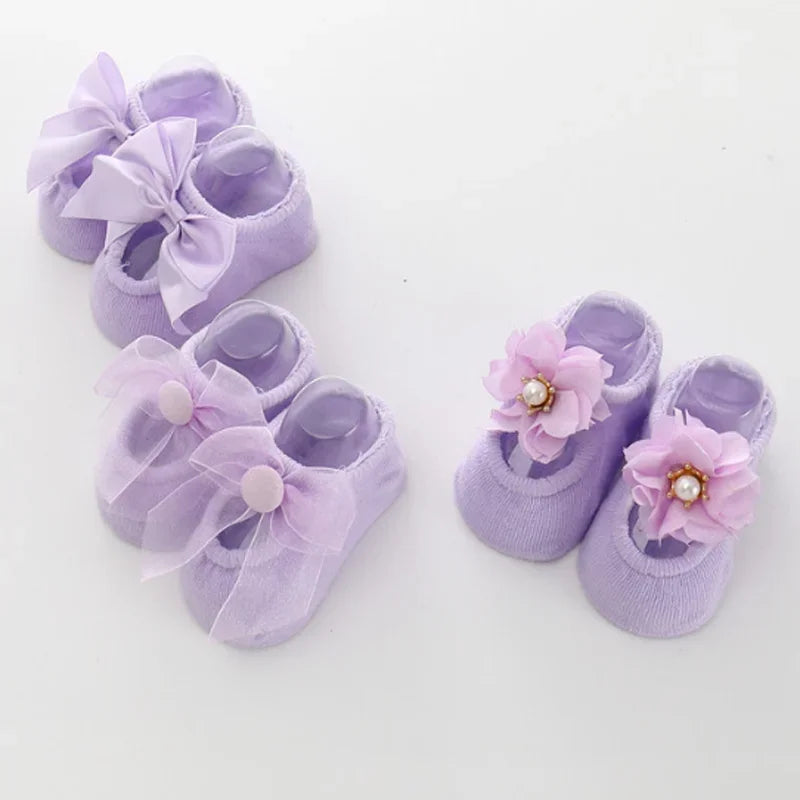3 Pair Baby Socks With Lace Flower Bow