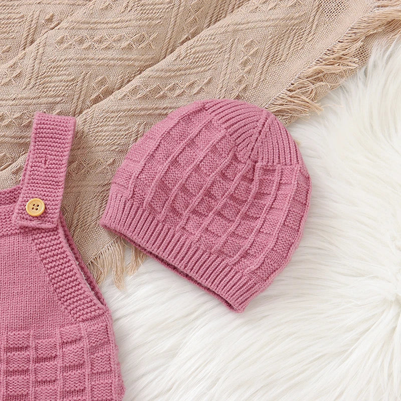 Girls 2 Piece Romper And Hat - Long Sleeves Knit Jumpsuit