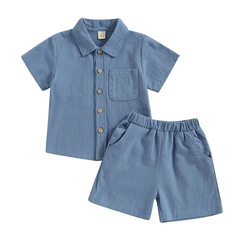 Boy Short Sleeve Button Shirt with Elastic Waist Shorts