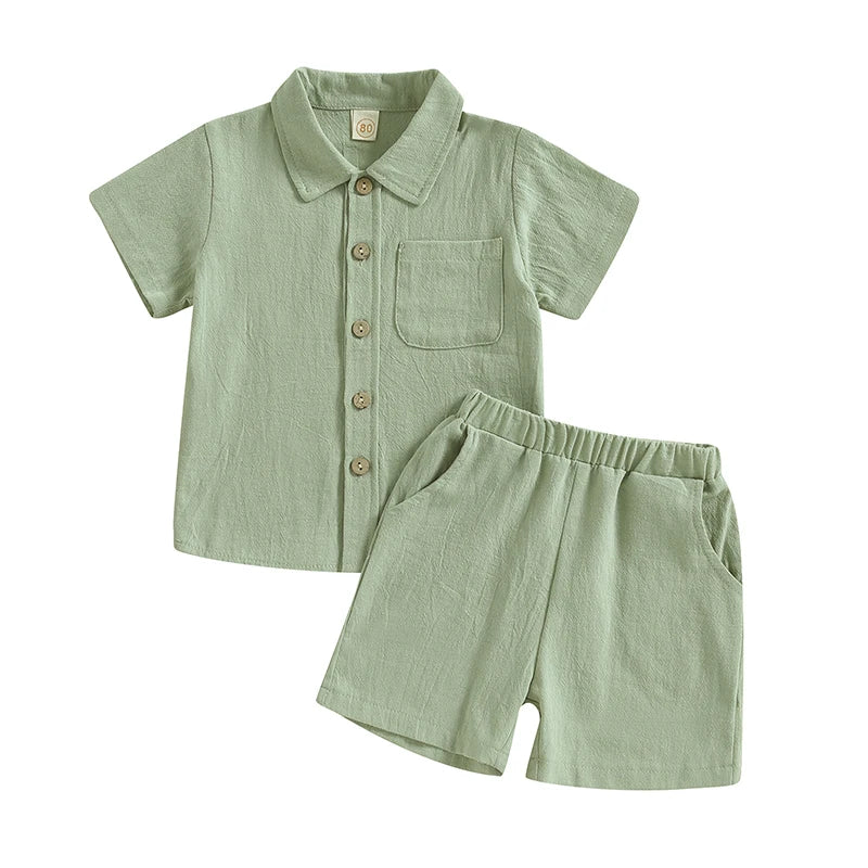 Boy Short Sleeve Button Shirt with Elastic Waist Shorts