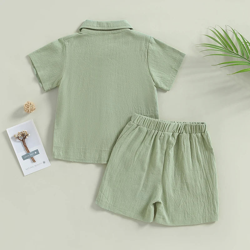Boy Short Sleeve Button Shirt with Elastic Waist Shorts
