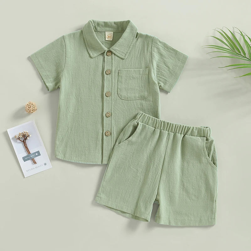 Boy Short Sleeve Button Shirt with Elastic Waist Shorts