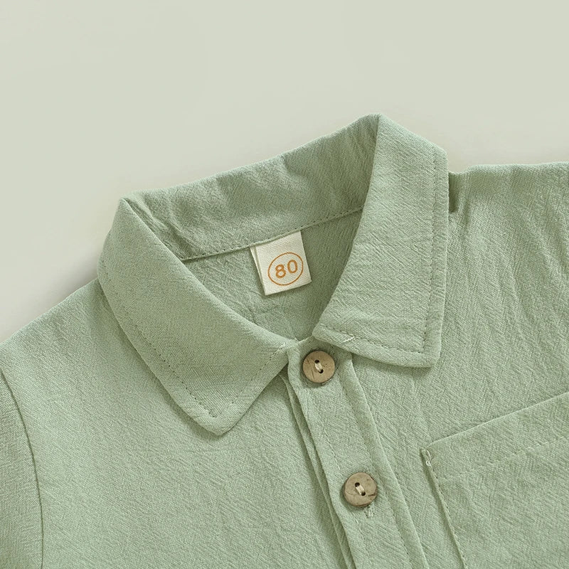 Boy Short Sleeve Button Shirt with Elastic Waist Shorts