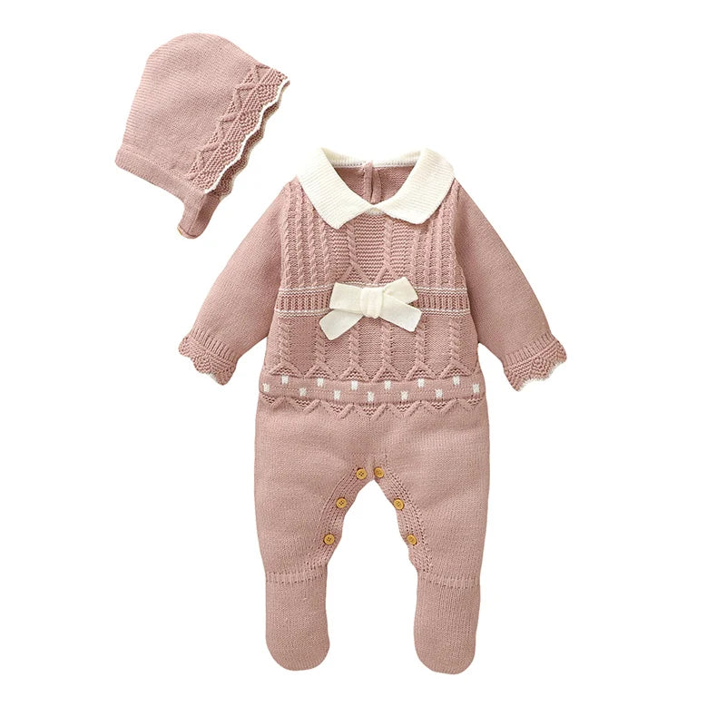 Girls Romper And Hat - Long Sleeves Knit Jumpsuit